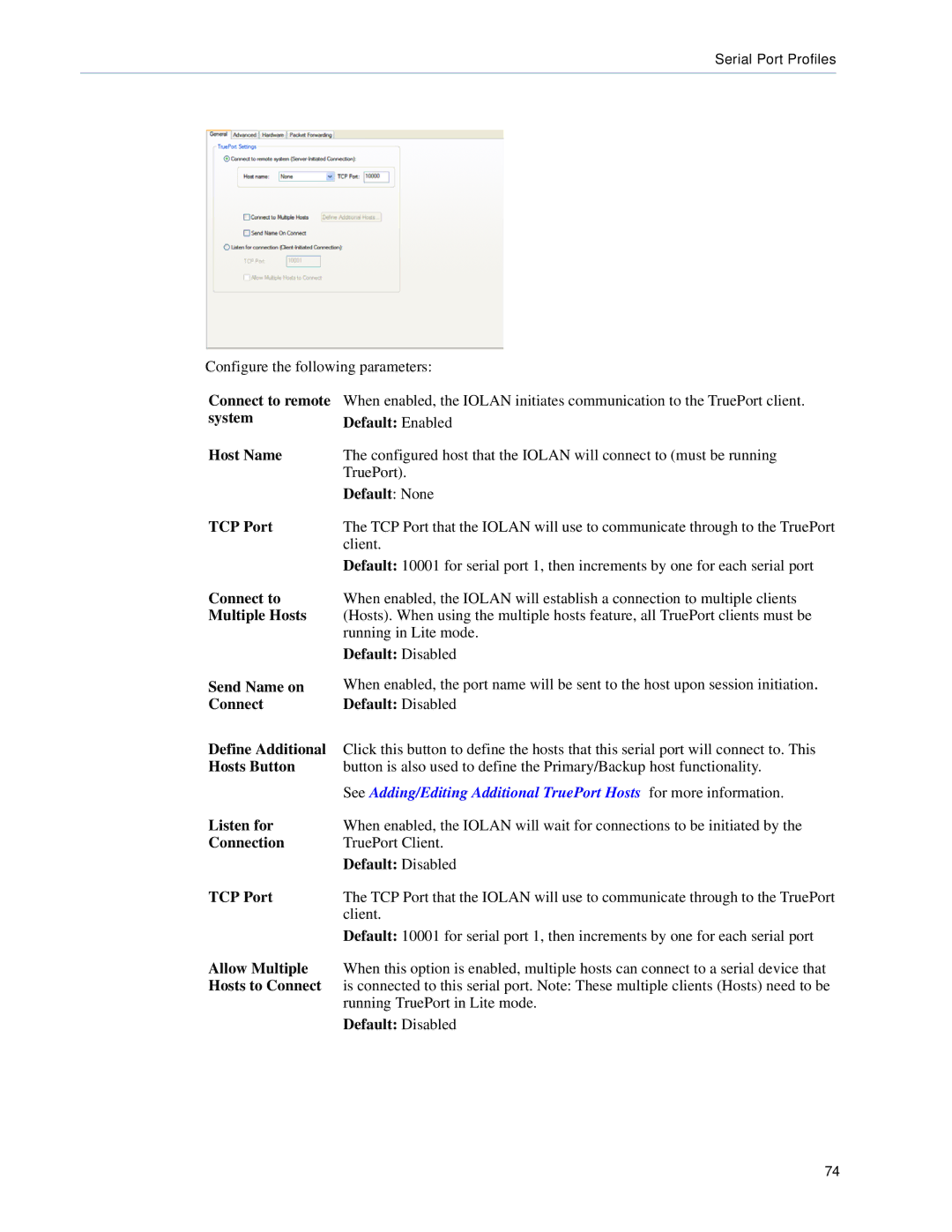 Perle Systems TS2 Connect to remote, System Default Enabled Host Name, TCP Port, Multiple Hosts, Send Name on, Listen for 