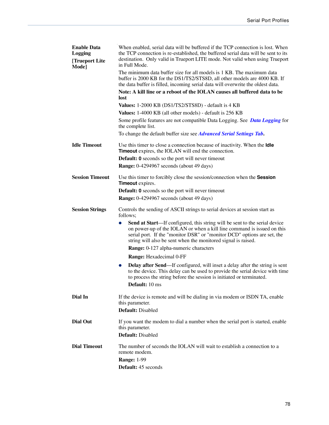 Perle Systems TS2, DS1 manual Enable Data Logging Trueport Lite Mode, Default 10 ms Dial 