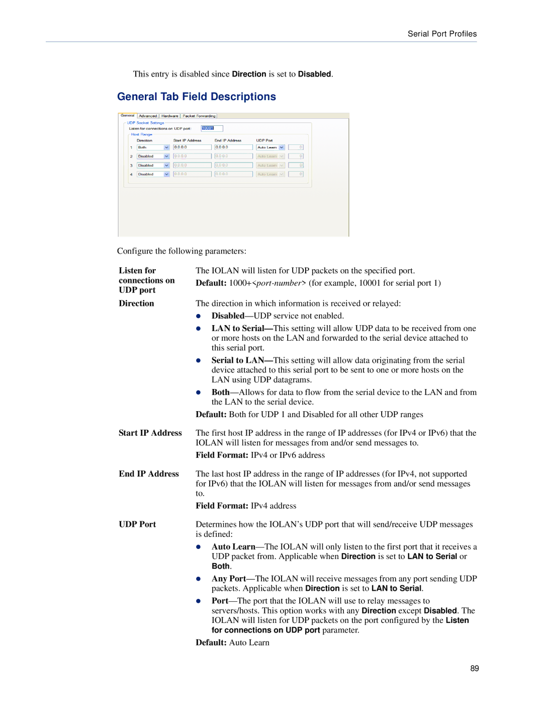 Perle Systems DS1, TS2 Connections on, UDP port Direction, Start IP Address, End IP Address, Field Format IPv4 address 