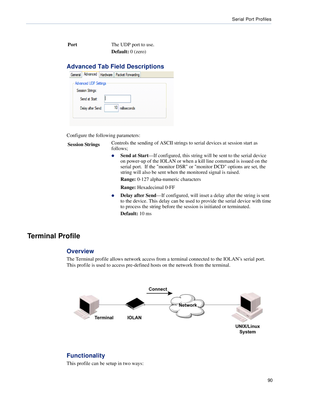 Perle Systems TS2, DS1 manual Terminal Profile, Port UDP port to use Default 0 zero, Session Strings, Default 10 ms 