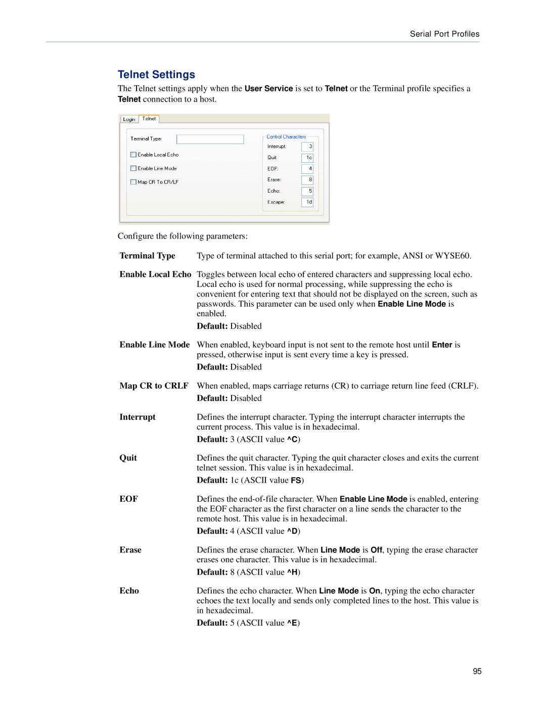 Perle Systems DS1, TS2 manual Telnet Settings, Interrupt, Quit, Erase, Echo 