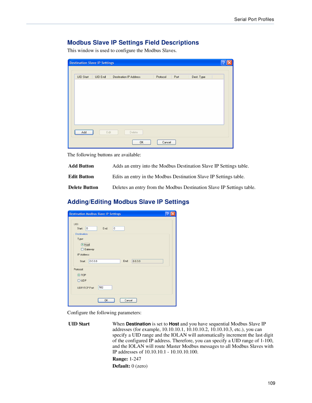 Perle Systems DS1, TS2 Modbus Slave IP Settings Field Descriptions, Adding/Editing Modbus Slave IP Settings, UID Start 