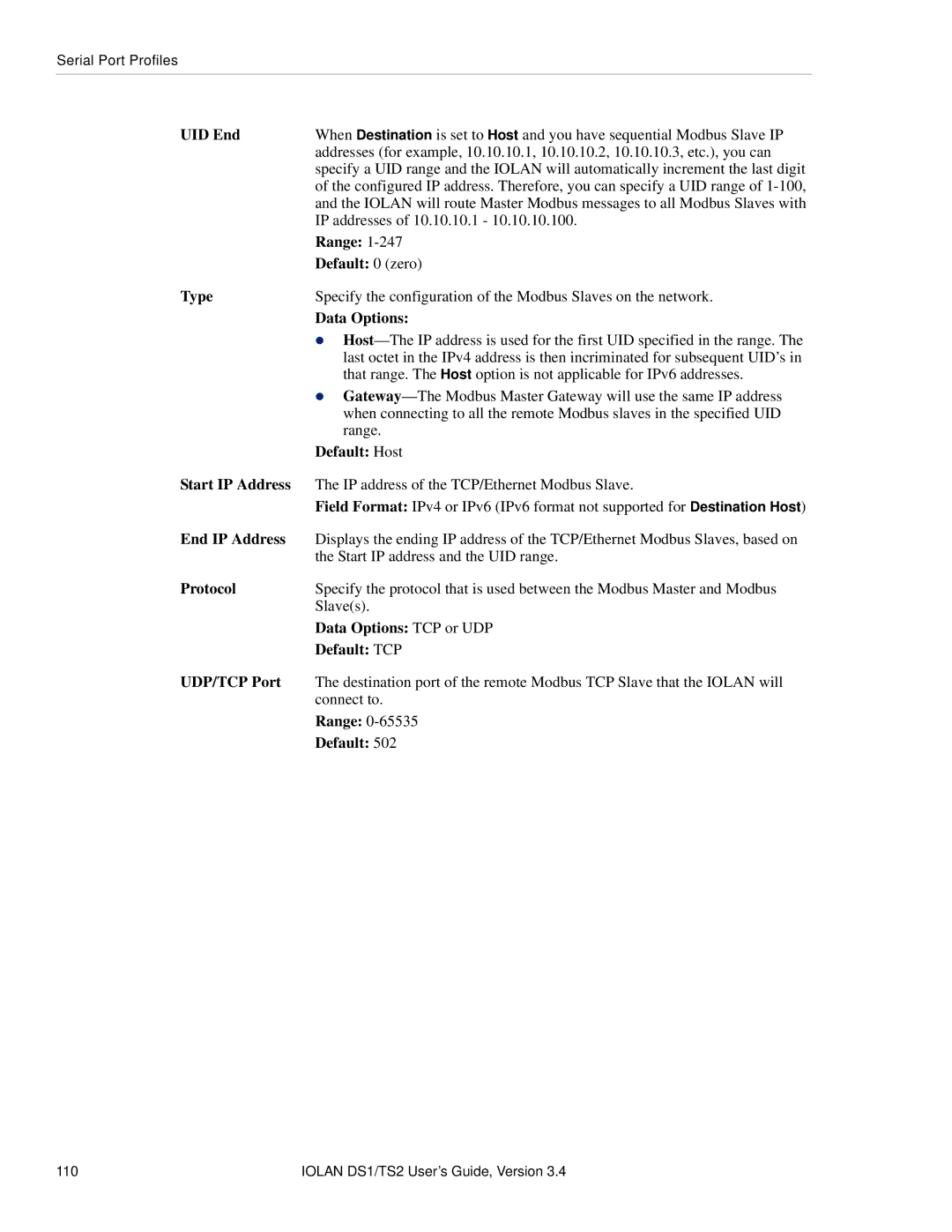 Perle Systems TS2, DS1 manual UID End, Default Host, Data Options TCP or UDP, Default TCP, UDP/TCP Port 