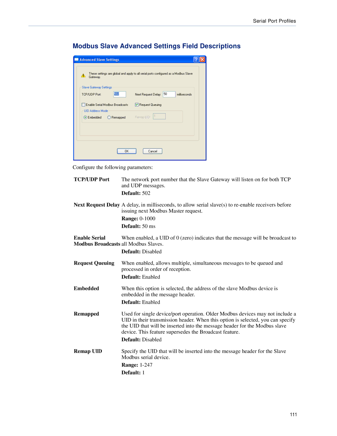 Perle Systems DS1, TS2 manual Modbus Slave Advanced Settings Field Descriptions 