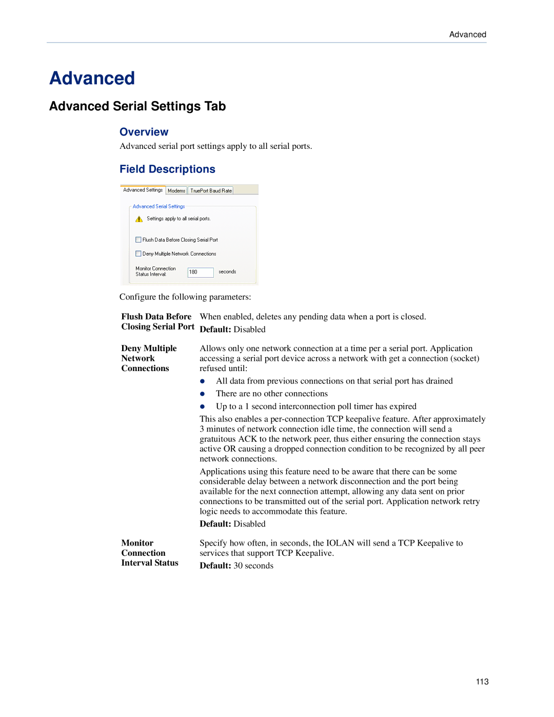 Perle Systems DS1, TS2 Advanced Serial Settings Tab, Closing Serial Port Default Disabled Deny Multiple, Network, Monitor 