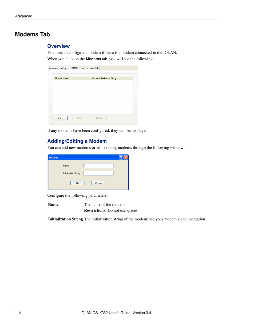 Perle Systems TS2, DS1 manual Modems Tab, Adding/Editing a Modem, Name Name of the modem 