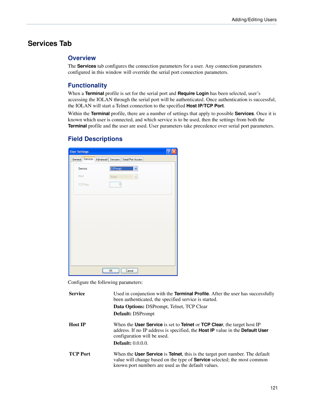 Perle Systems DS1, TS2 manual Services Tab, Default DSPrompt, Host IP 