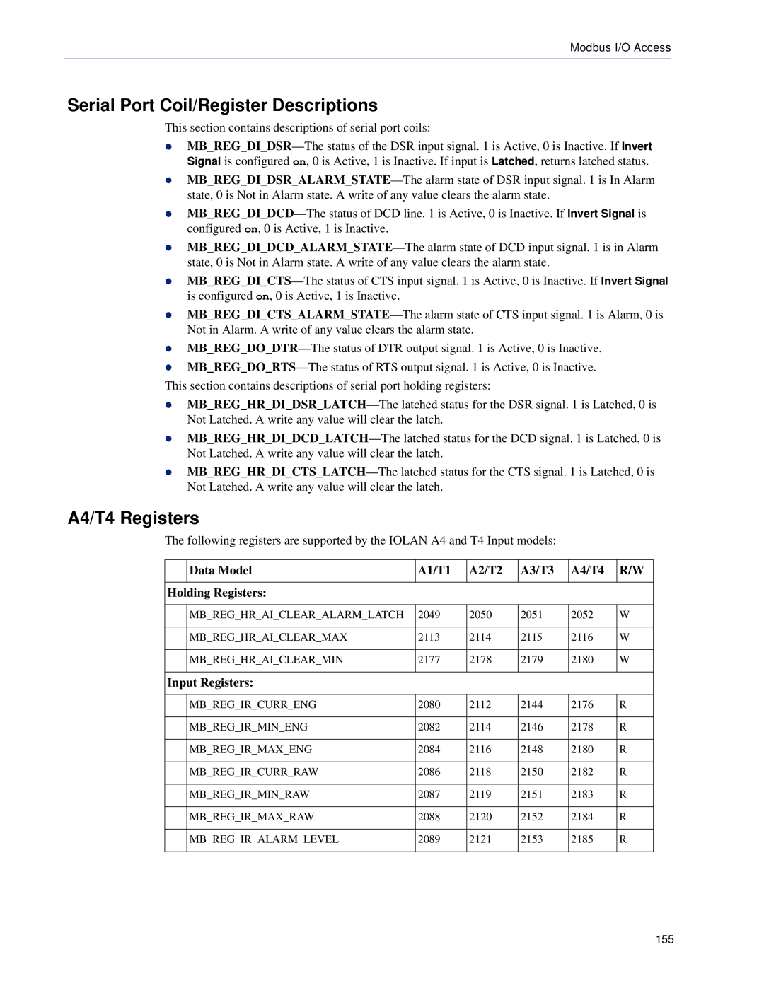 Perle Systems DS1, TS2 manual Serial Port Coil/Register Descriptions, A4/T4 Registers, Input Registers 