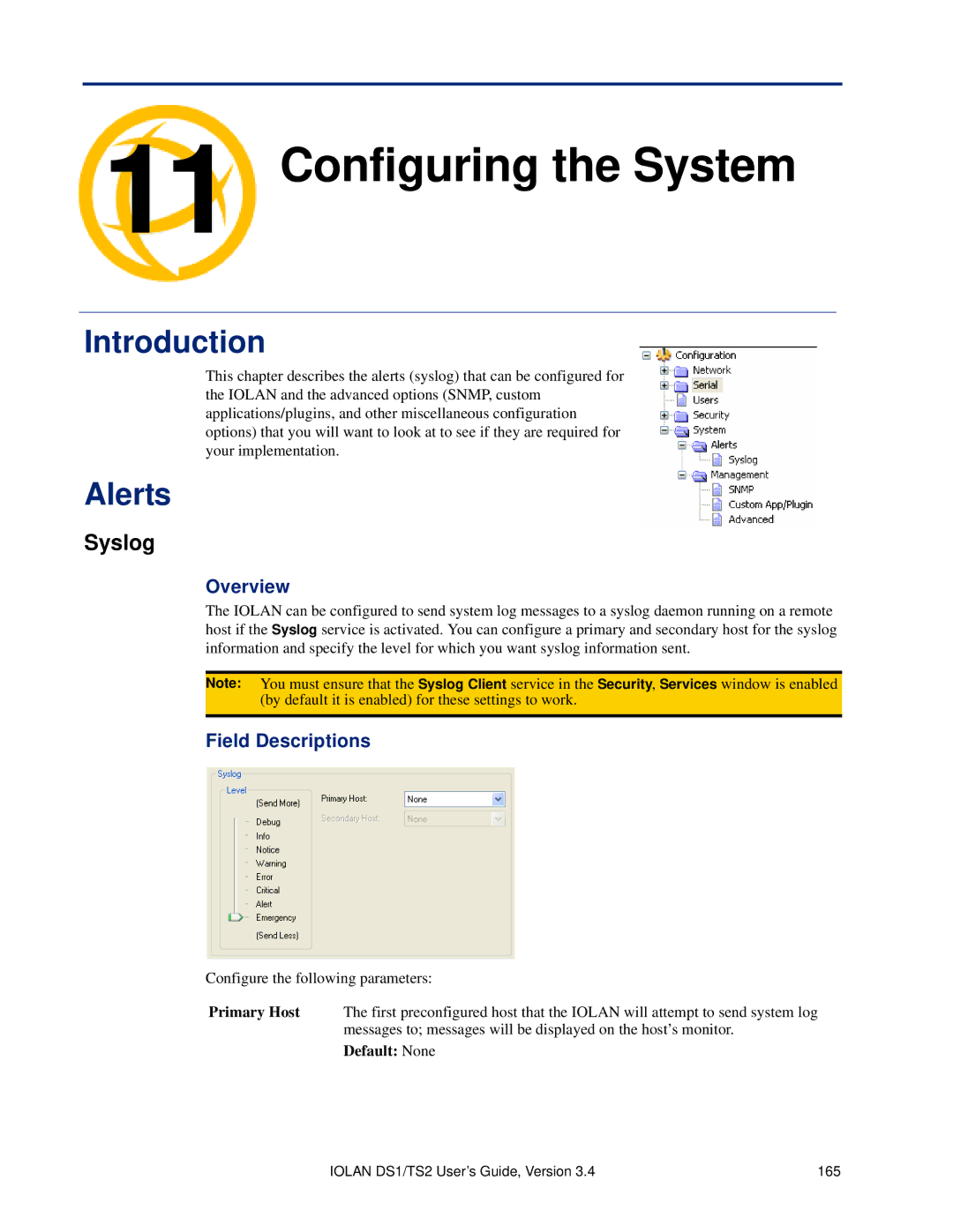 Perle Systems DS1, TS2 manual Configuring the System Chapter, Alerts, Syslog 