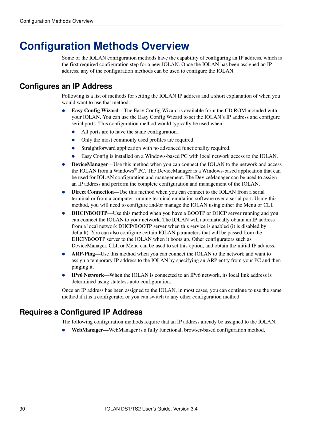 Perle Systems TS2, DS1 manual Configuration Methods Overview, Configures an IP Address, Requires a Configured IP Address 