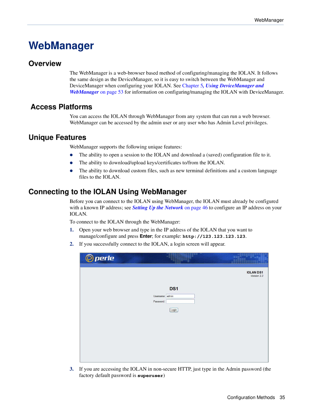 Perle Systems DS1, TS2 manual Connecting to the Iolan Using WebManager 