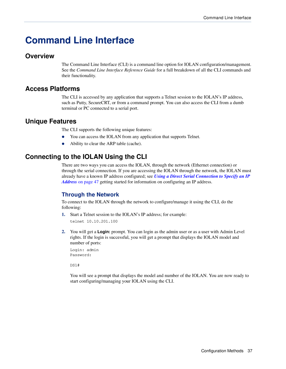 Perle Systems DS1, TS2 manual Command Line Interface, Connecting to the Iolan Using the CLI, Through the Network 