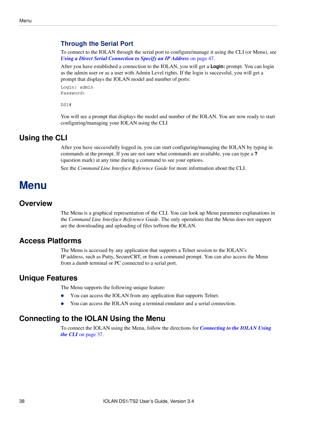 Perle Systems TS2, DS1 manual Using the CLI, Connecting to the Iolan Using the Menu, Through the Serial Port 