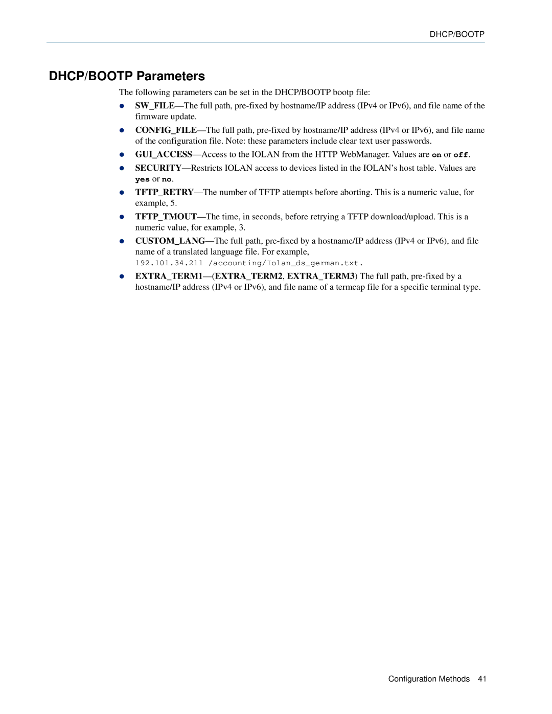 Perle Systems DS1, TS2 manual DHCP/BOOTP Parameters 