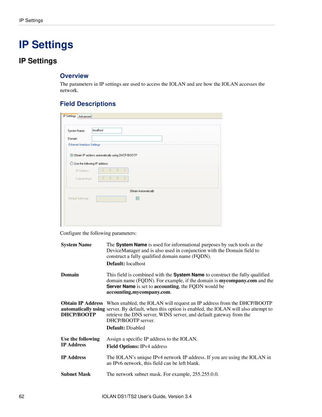 Perle Systems TS2, DS1 manual IP Settings, Overview, Field Descriptions 