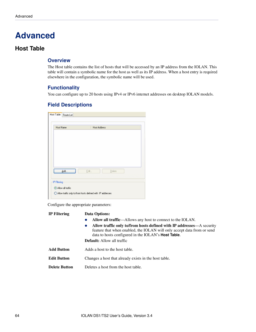 Perle Systems TS2, DS1 manual Advanced, Host Table, Functionality 