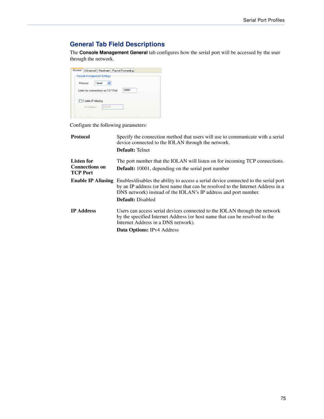 Perle Systems DS1, TS2 manual General Tab Field Descriptions, Protocol Listen for Connections on TCP Port, Default Telnet 