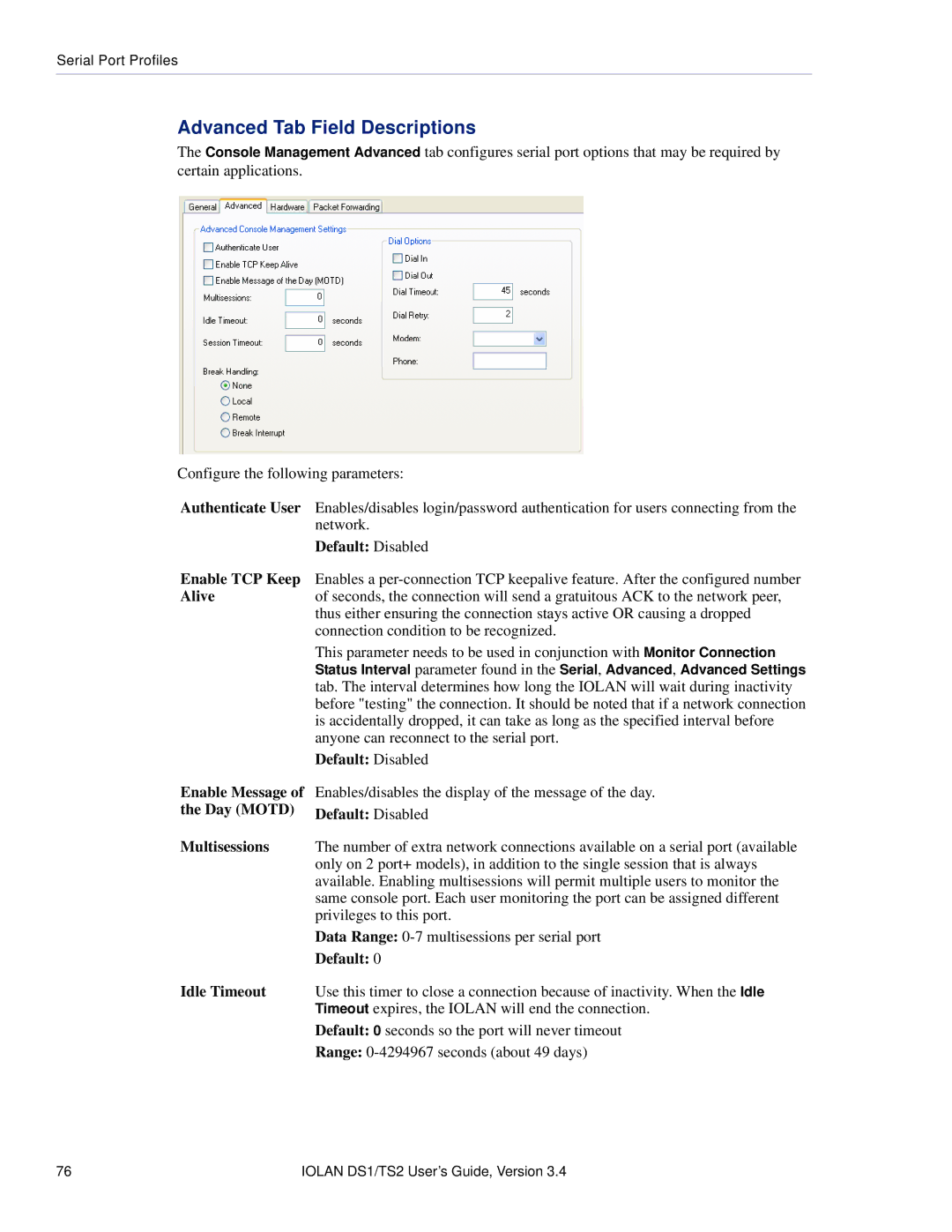 Perle Systems TS2, DS1 manual Advanced Tab Field Descriptions 