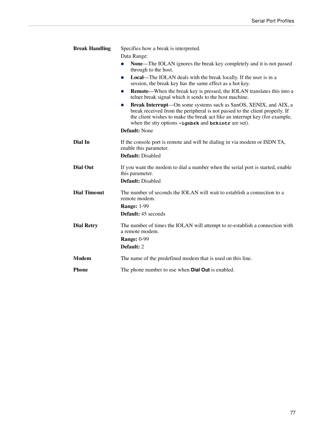 Perle Systems DS1, TS2 manual Break Handling, Dial Out, Dial Timeout, Dial Retry, Modem, Phone 