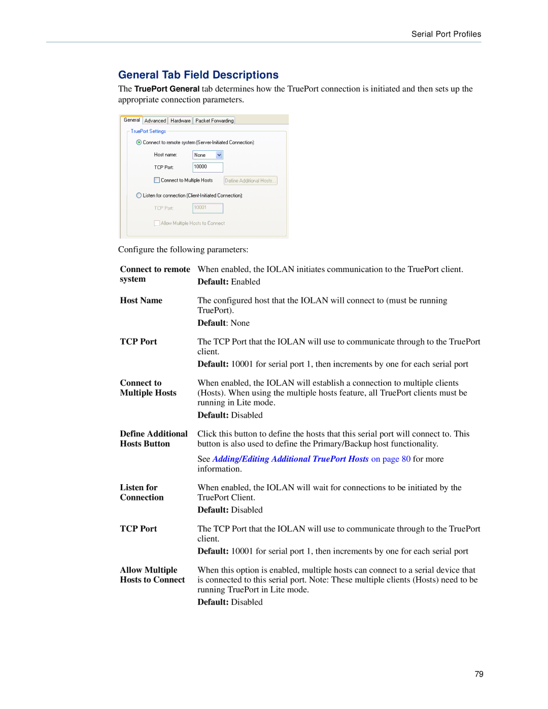 Perle Systems DS1, TS2 Connect to remote, System Default Enabled Host Name, TCP Port, Multiple Hosts, Define Additional 