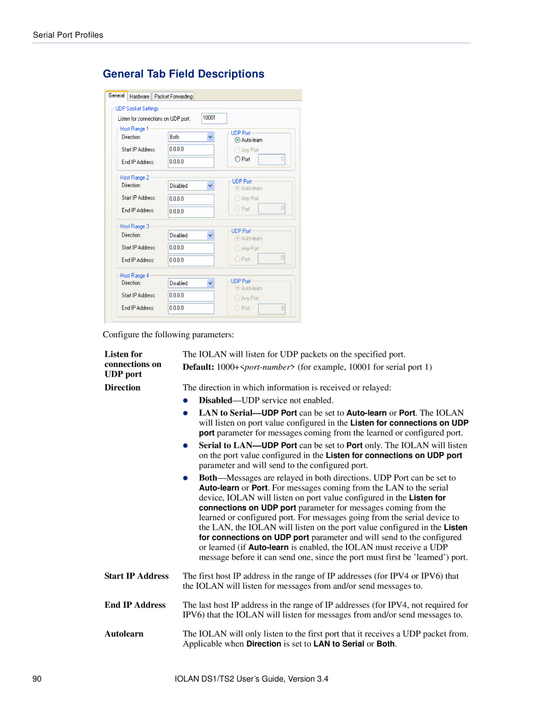 Perle Systems TS2, DS1 manual Listen for connections on UDP port Direction, Start IP Address, End IP Address, Autolearn 