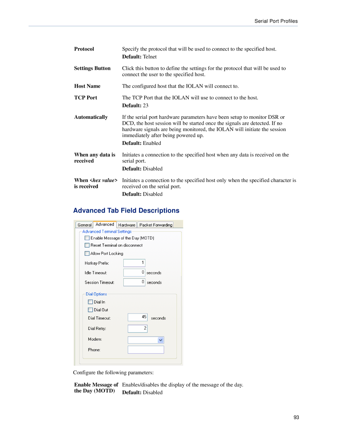 Perle Systems DS1, TS2 manual Protocol, Automatically, When any data is, Received, Is received, Day Motd Default Disabled 