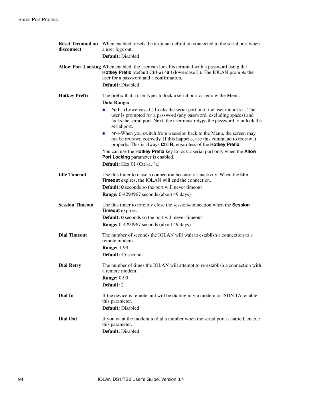 Perle Systems TS2, DS1 manual Disconnect User logs out Default Disabled, Data Range 