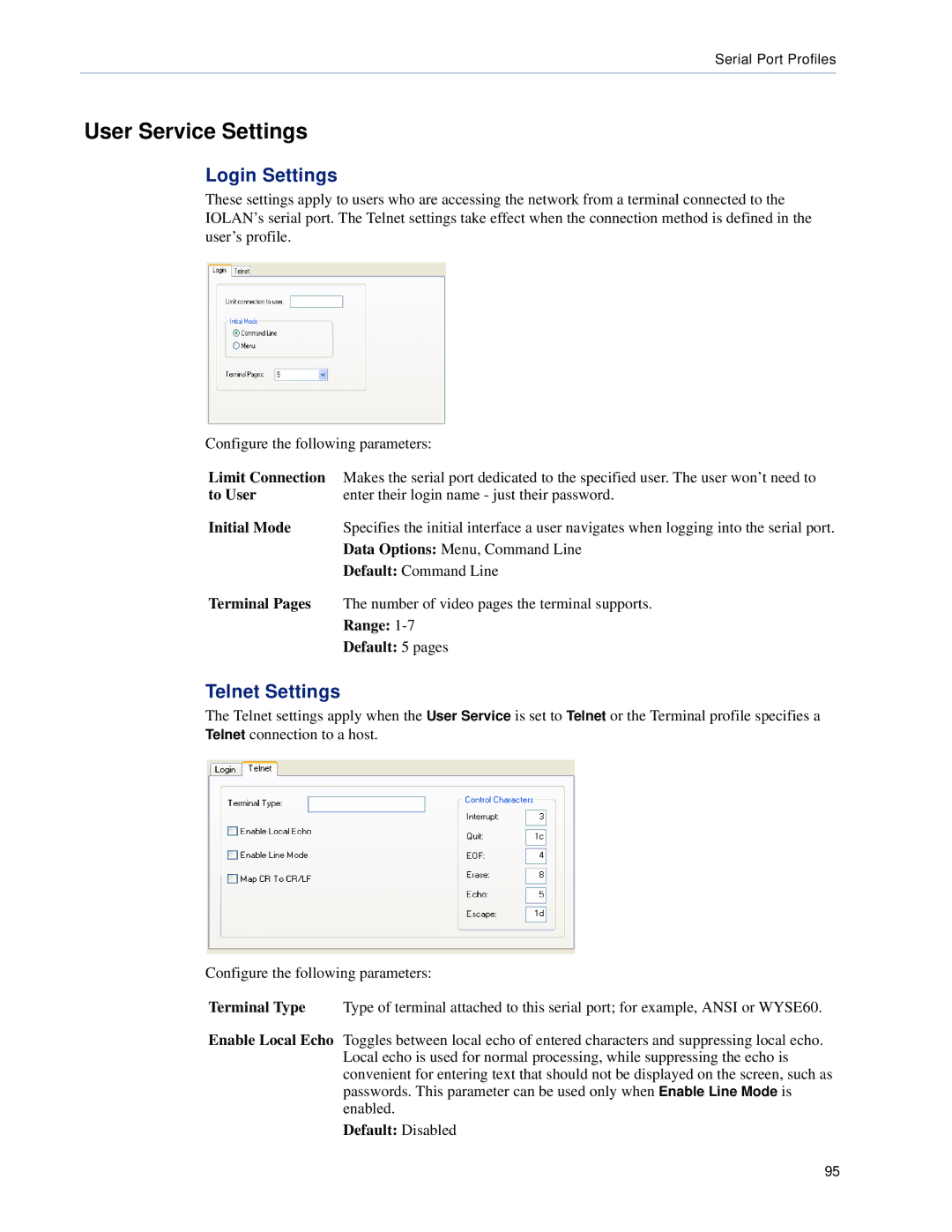 Perle Systems DS1, TS2 manual User Service Settings, Login Settings, Telnet Settings 