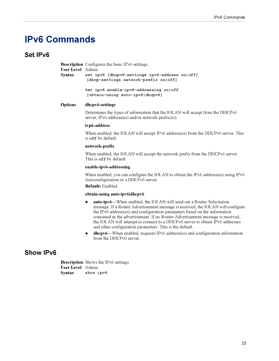 Perle Systems TS2, DS1 manual IPv6 Commands, Set IPv6, Show IPv6 