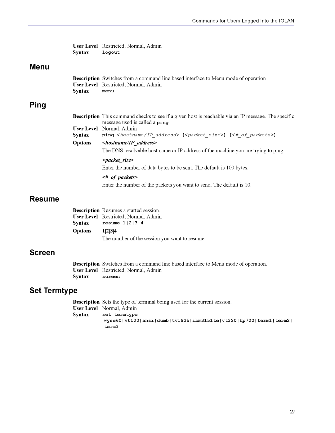 Perle Systems TS2, DS1 manual Menu, Ping, Resume, Screen, Set Termtype 