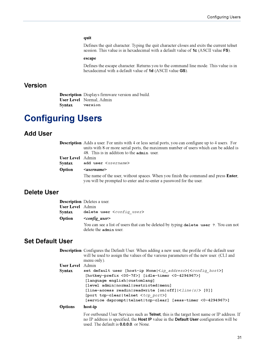 Perle Systems TS2, DS1 manual Configuring Users, Version, Add User, Delete User, Set Default User 