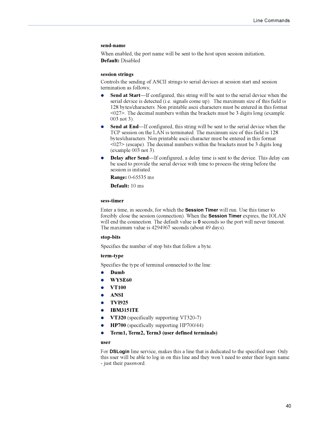 Perle Systems DS1, TS2 manual Send-name, Default Disabled Session strings, Default 10 ms Sess-timer, Stop-bits, Term-type 
