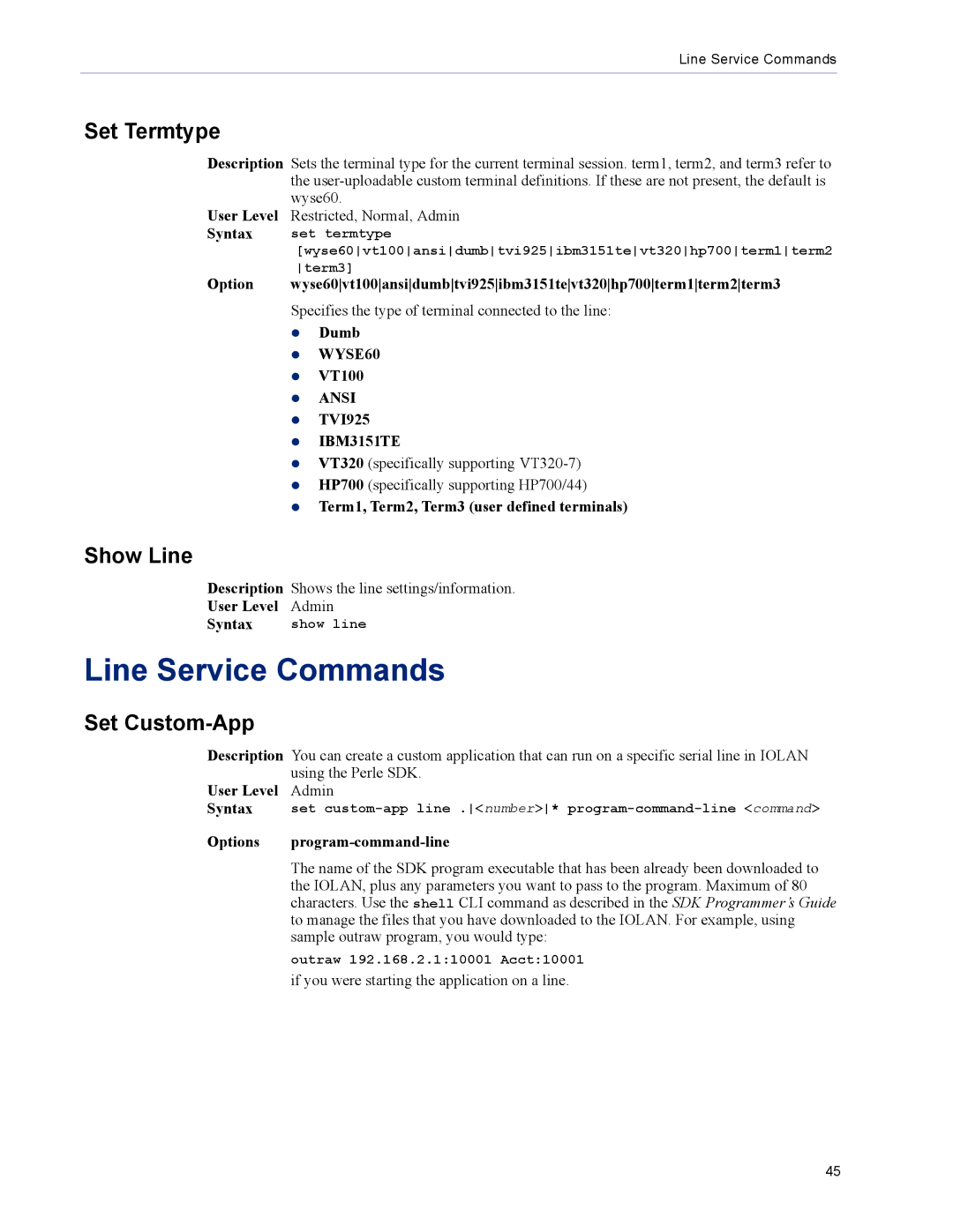 Perle Systems TS2, DS1 manual Line Service Commands, Show Line, Options Program-command-line 