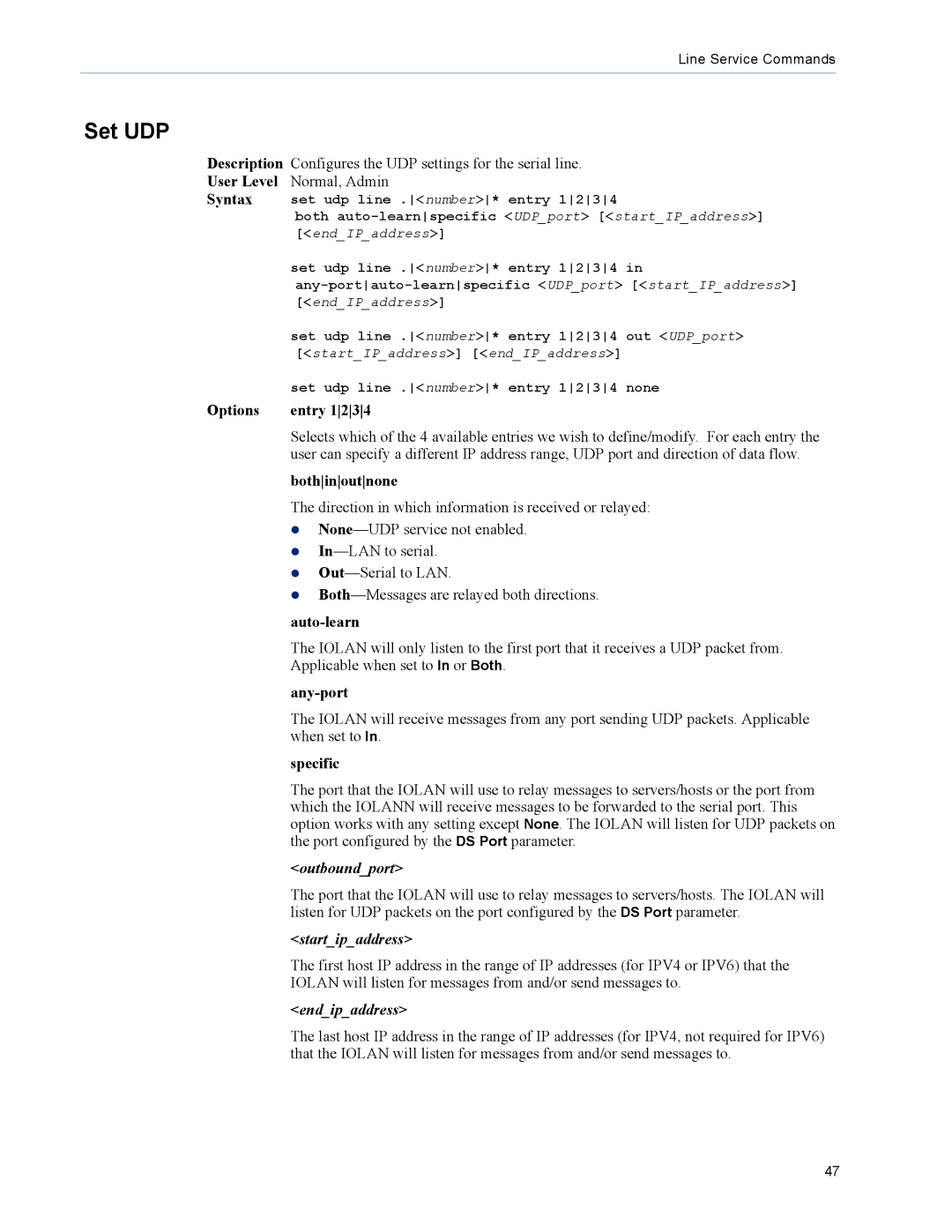 Perle Systems TS2, DS1 manual Set UDP, Outboundport, Startipaddress, Endipaddress 