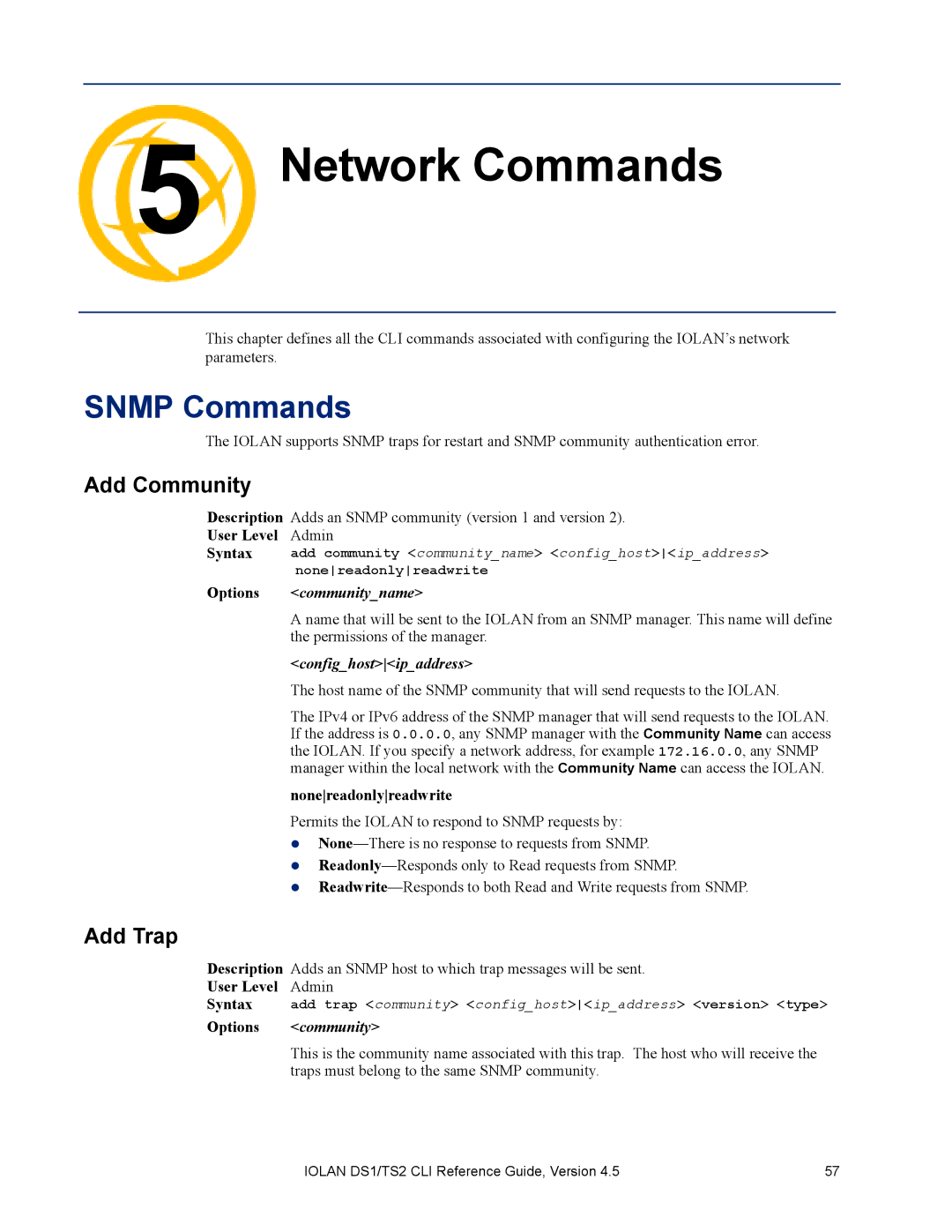 Perle Systems TS2, DS1 manual Network Commands Chapter, Snmp Commands, Add Community, Add Trap 