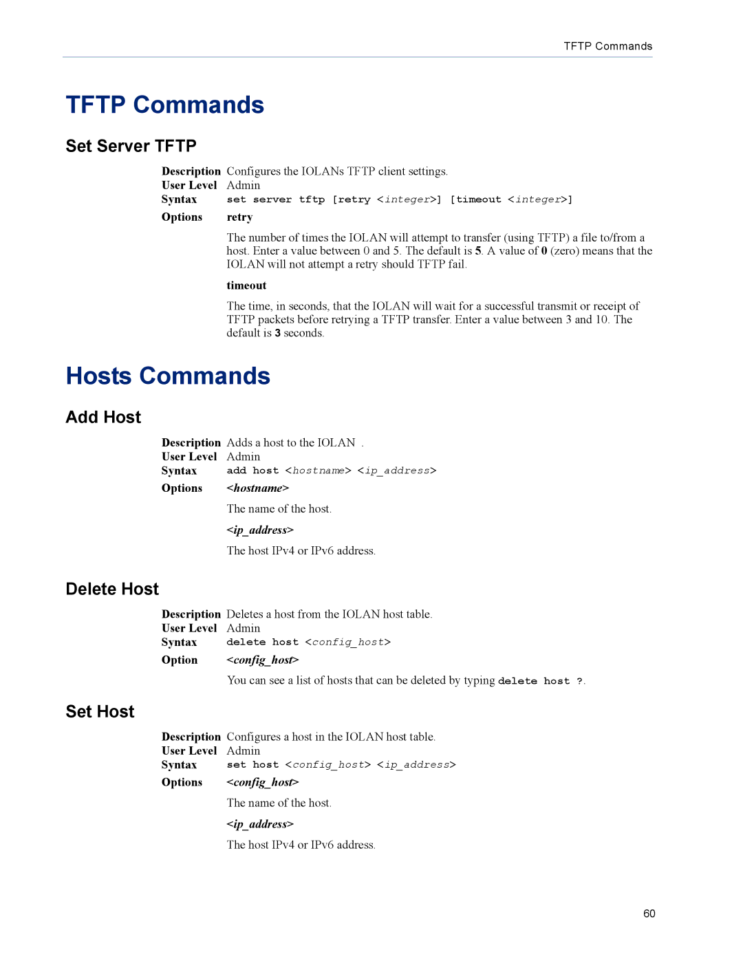 Perle Systems DS1, TS2 manual Tftp Commands, Hosts Commands 