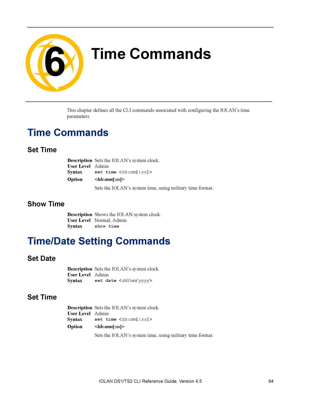 Perle Systems DS1, TS2 manual Time Commands, Time/Date Setting Commands 