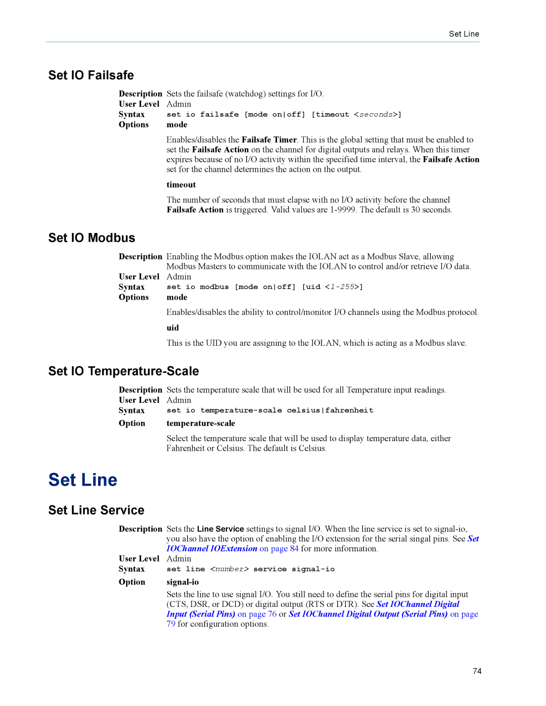 Perle Systems DS1, TS2 manual Set Line, Set IO Failsafe, Set IO Modbus, Set IO Temperature-Scale 