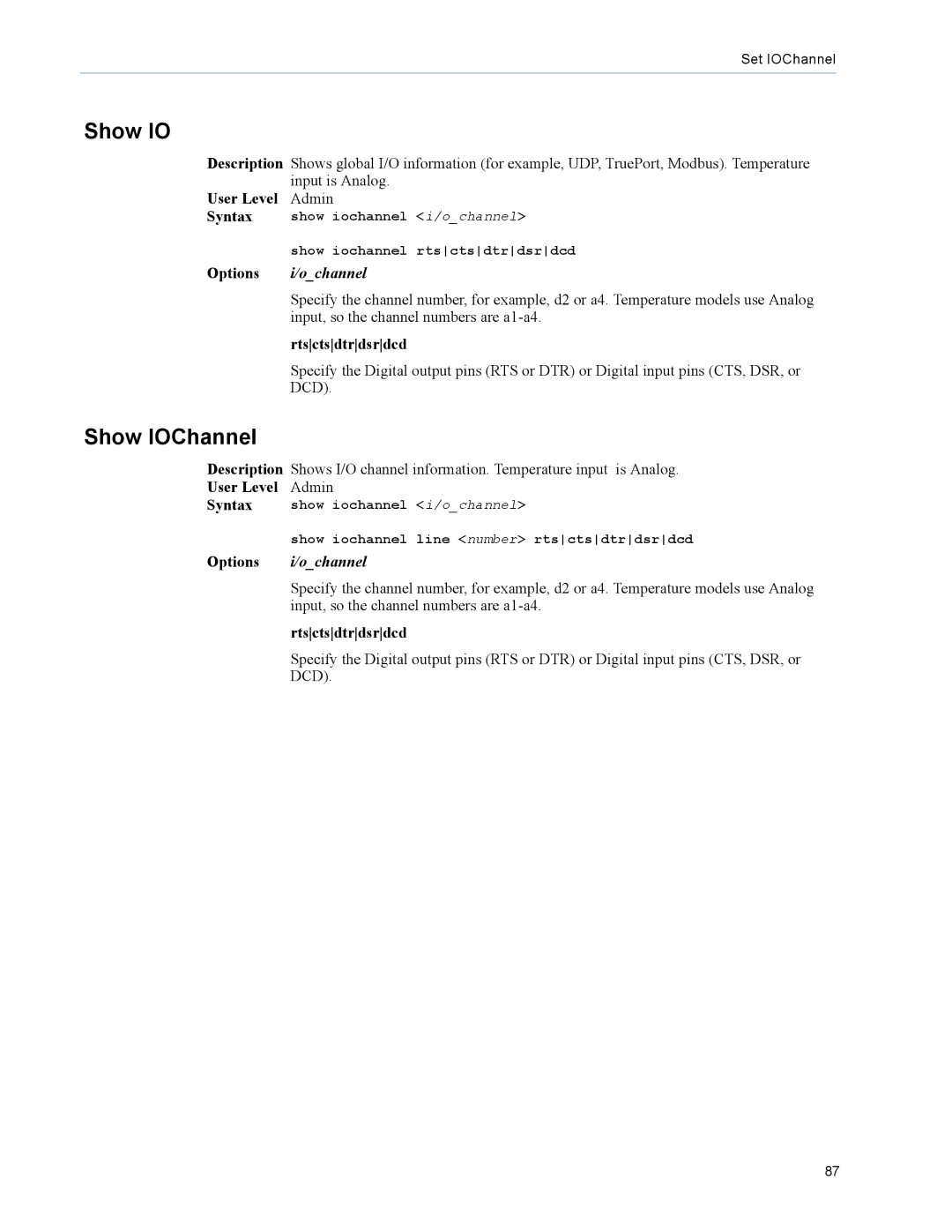 Perle Systems TS2, DS1 manual Show IOChannel 