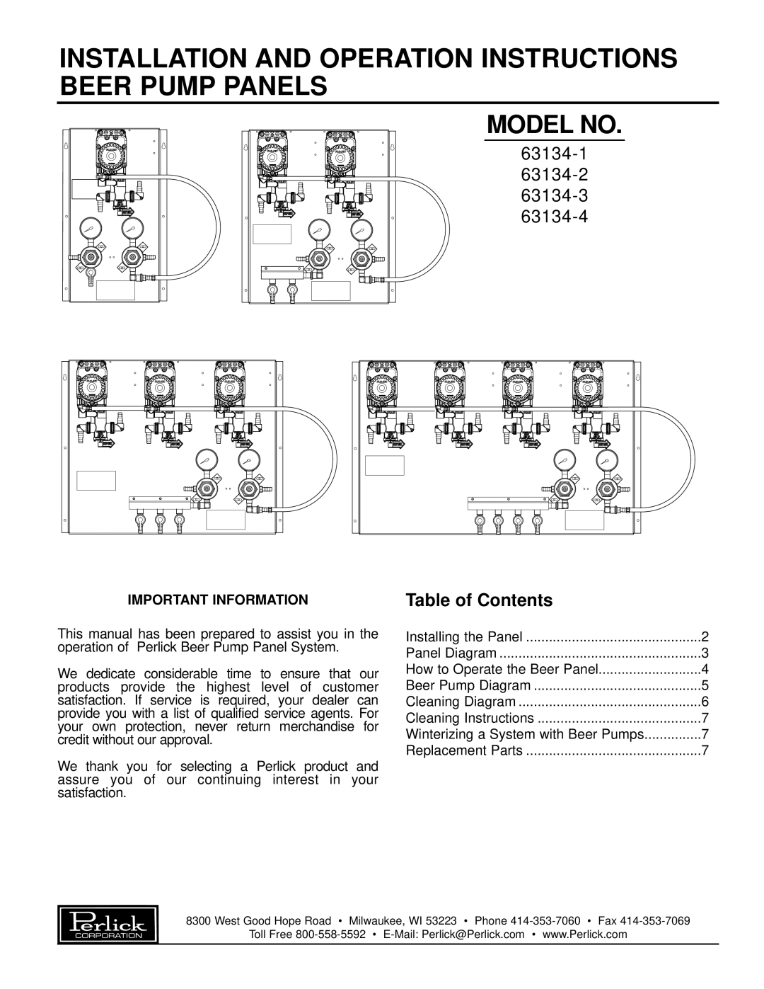 Perlick 63134-2, 63134-3, 63134-4 manual Model No, 63134-1, Table of Contents 