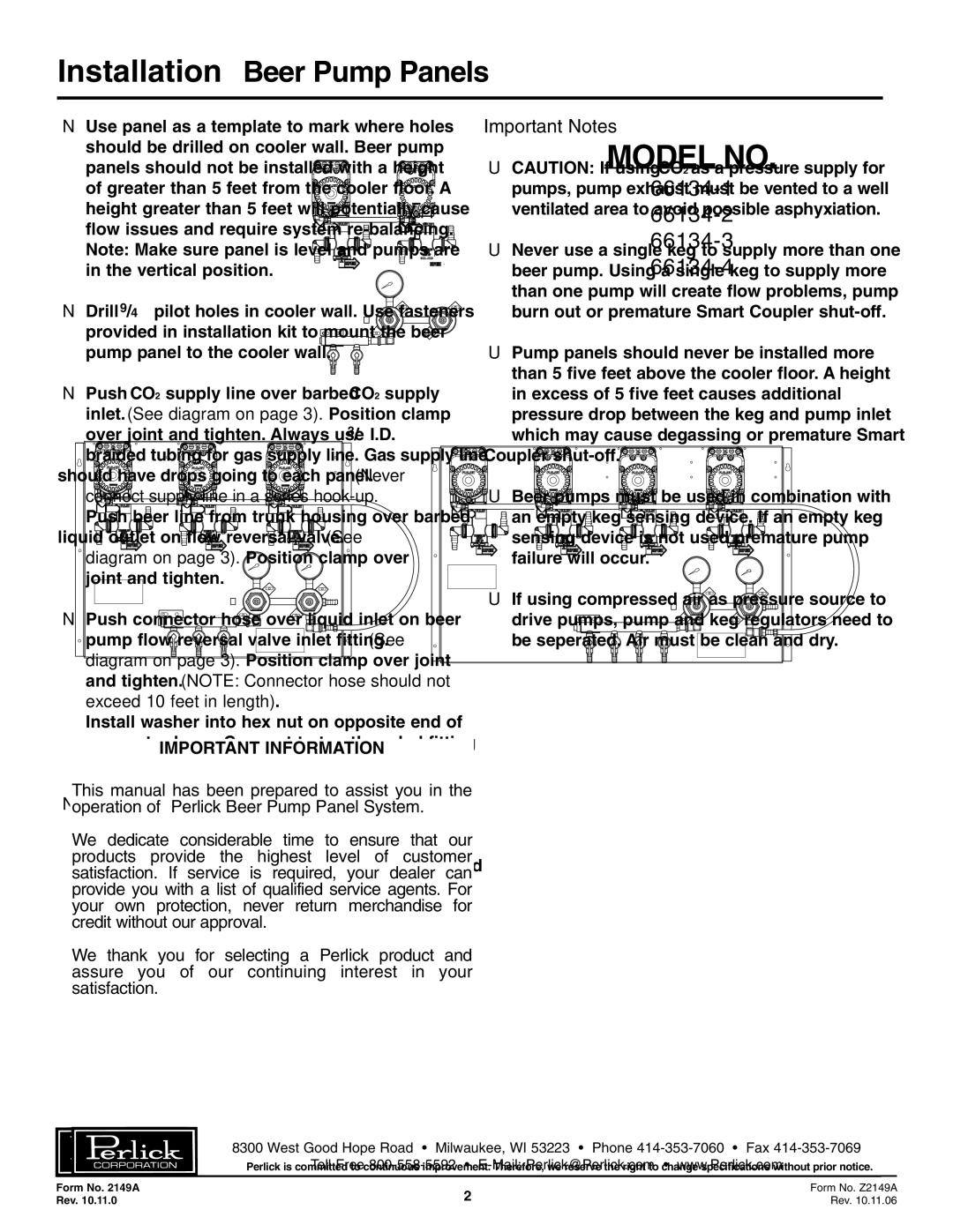 Perlick 66134-4, 66134-1, 66134-2 Installation Beer Pump Panels, Diagram on page 3. Position clamp over joint and tighten 