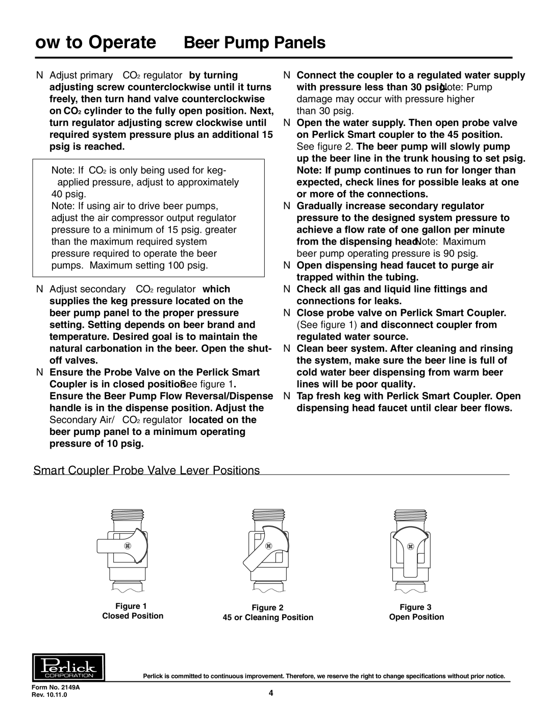 Perlick 66134-1, 66134-2, 66134-4, 66134-3 manual How to Operate Beer Pump Panels, Smart Coupler Probe Valve Lever Positions 