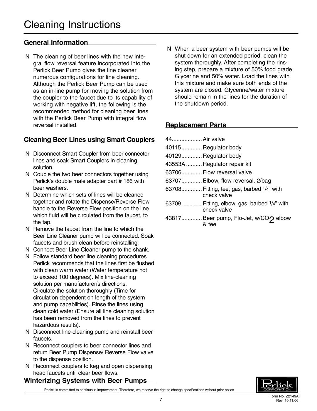 Perlick 66134-3 Cleaning Instructions, General Information, Cleaning Beer Lines using Smart Couplers, Replacement Parts 