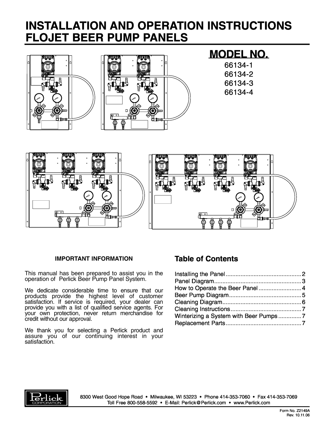 Perlick manual Model No, 66134-1 66134-2 66134-3 66134-4, Table of Contents 