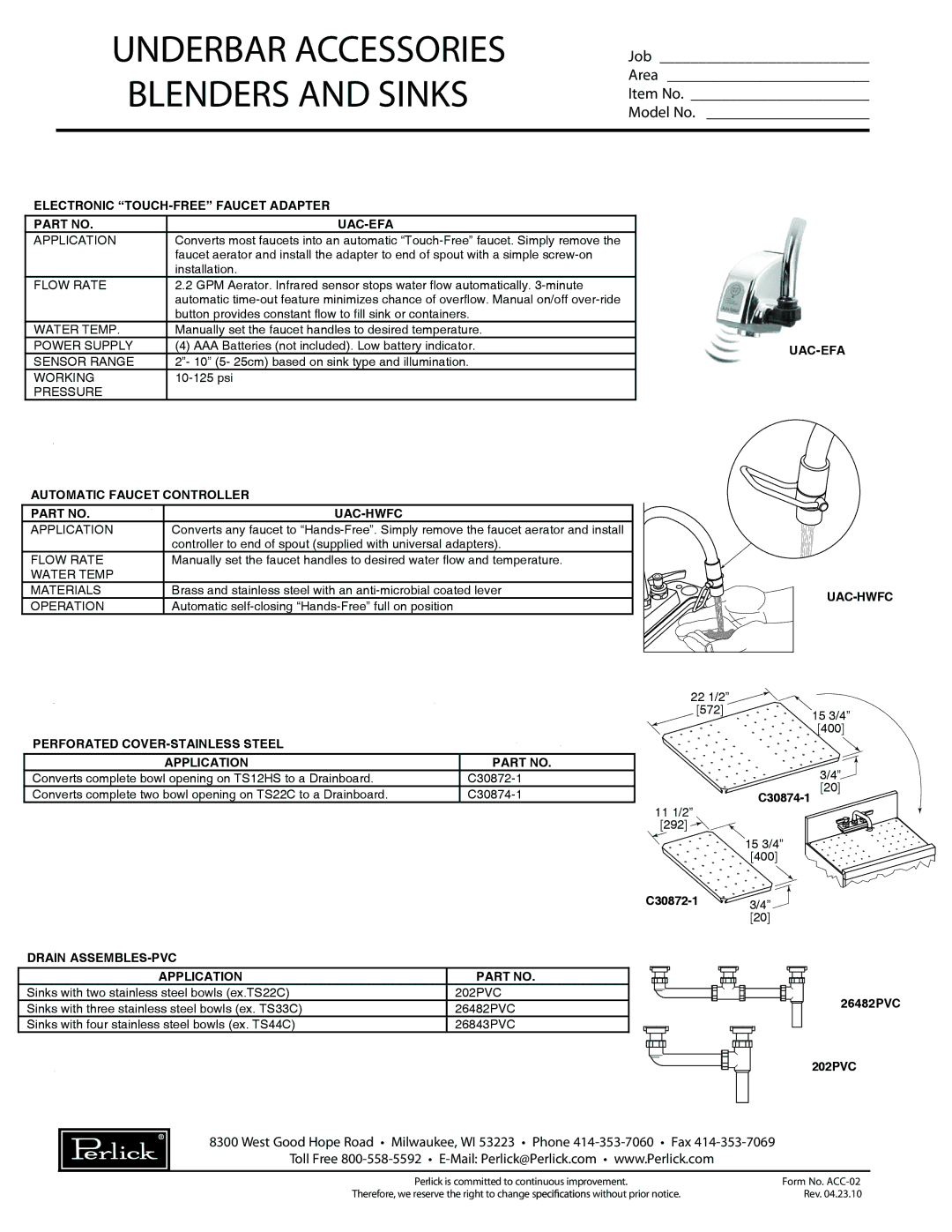 Perlick UAC-WWB, 7055-52 manual Electronic TOUCH-FREE Faucet Adapter UAC-EFA, UAC-EFA Automatic Faucet Controller UAC-HWFC 