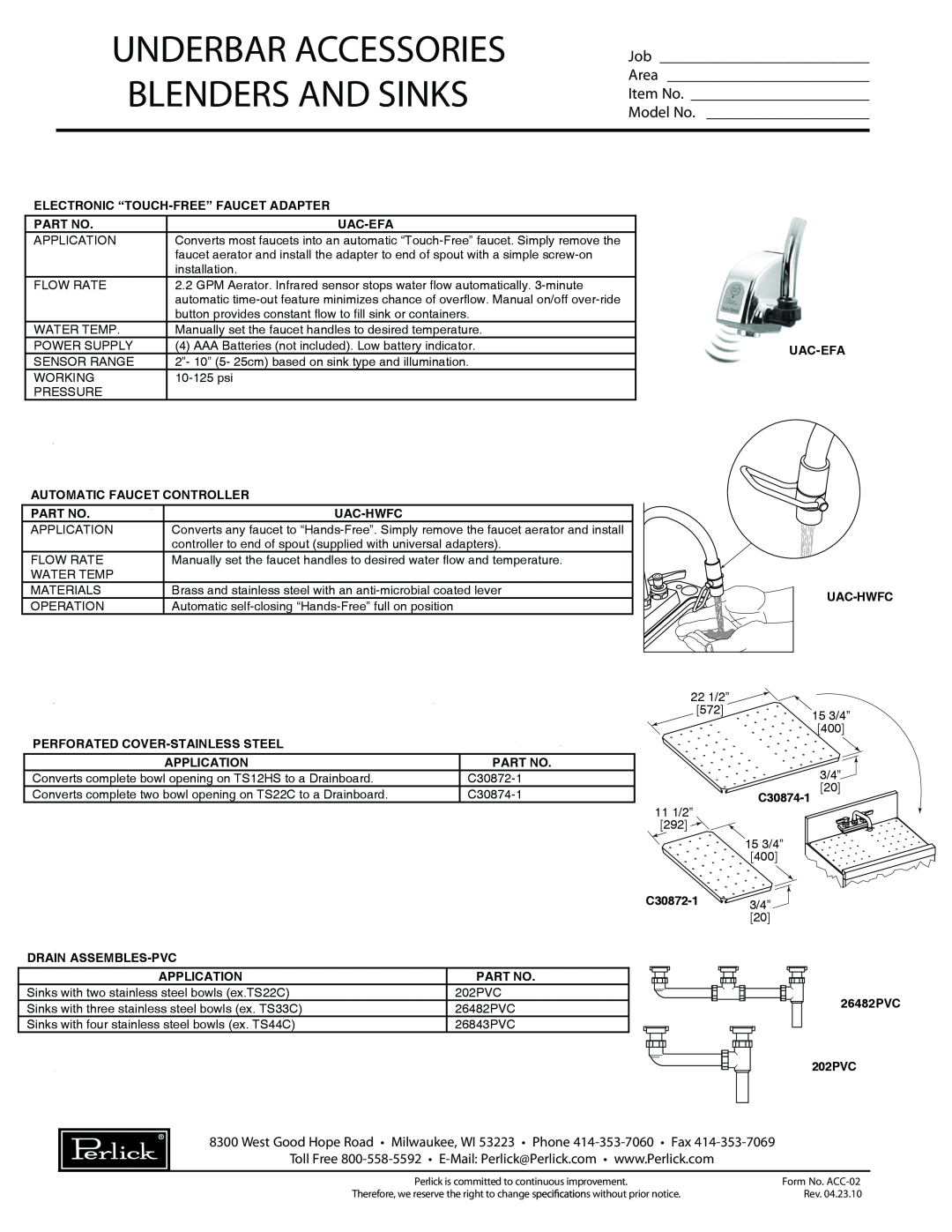 Perlick UAC-WWB, 7055-52, 7055-48, 7055A46 manual Underbar Accessories Blenders And Sinks, Job, Area, Item No, Model No 