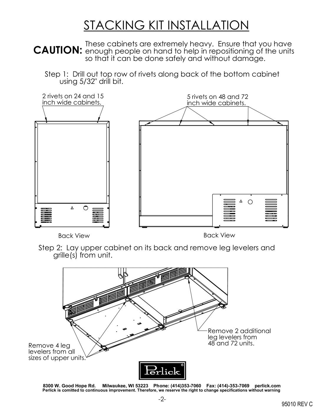 Perlick 95010REVC specifications Stacking KIT Installation 