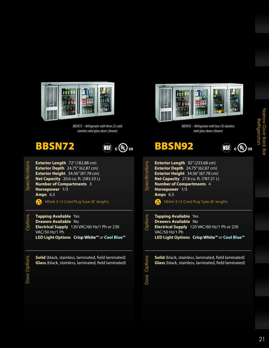 Perlick ANSI/NSF manual BBSN72, BBSN92, Door Options 