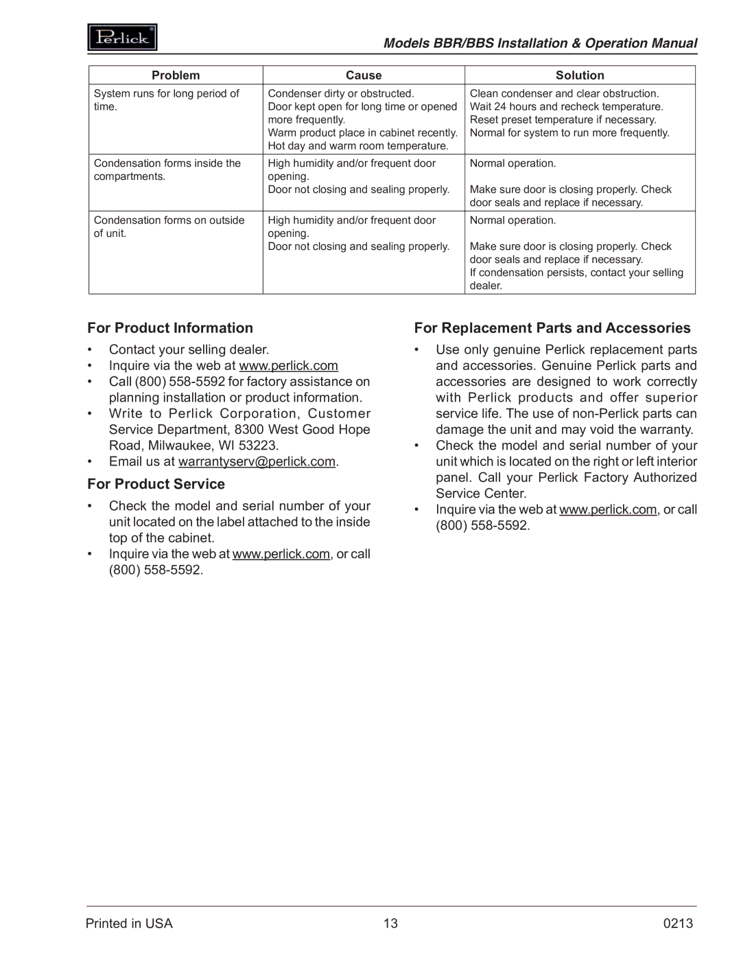 Perlick BBSN, BBRN operation manual For Product Information, For Product Service, For Replacement Parts and Accessories 