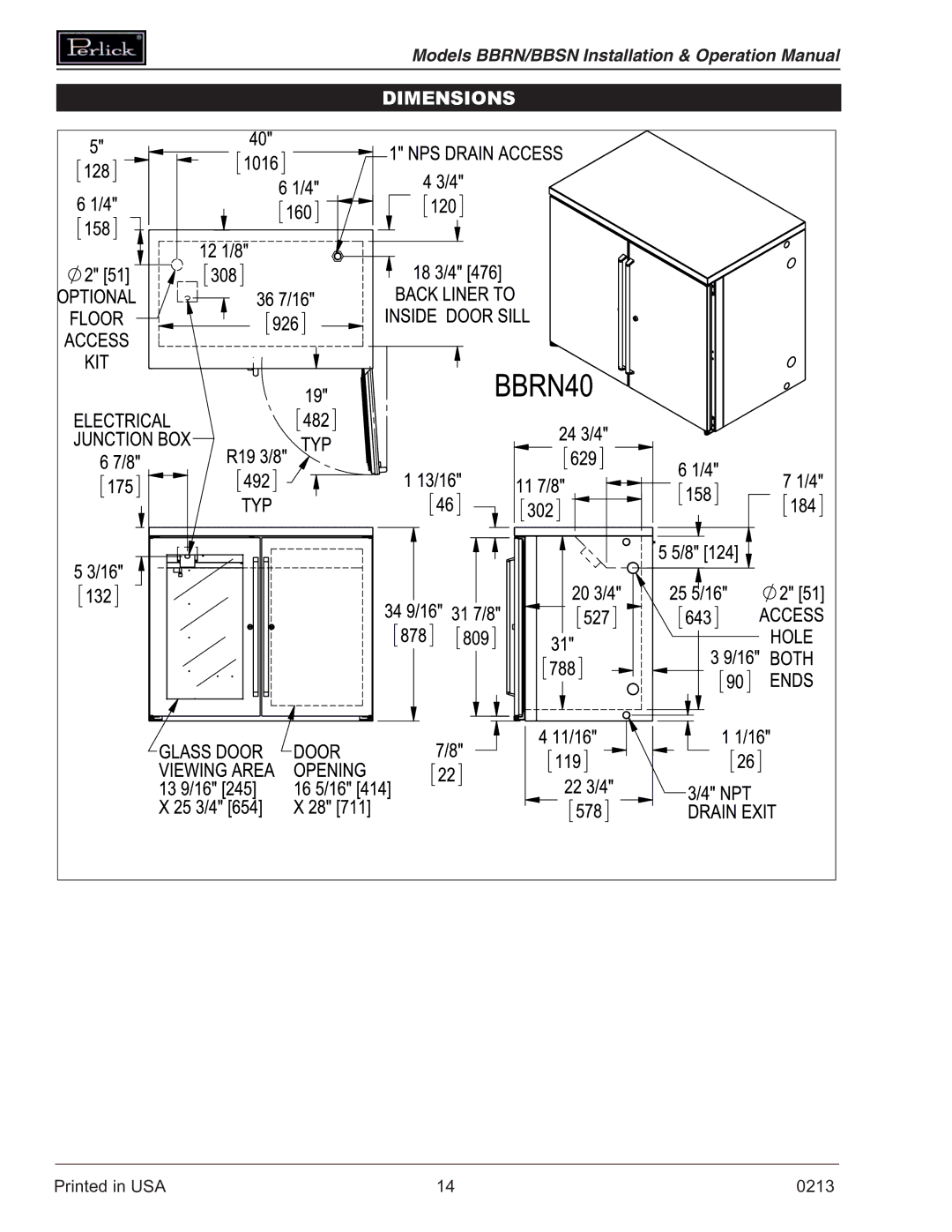 Perlick BBRN, BBSN operation manual Dimensions 